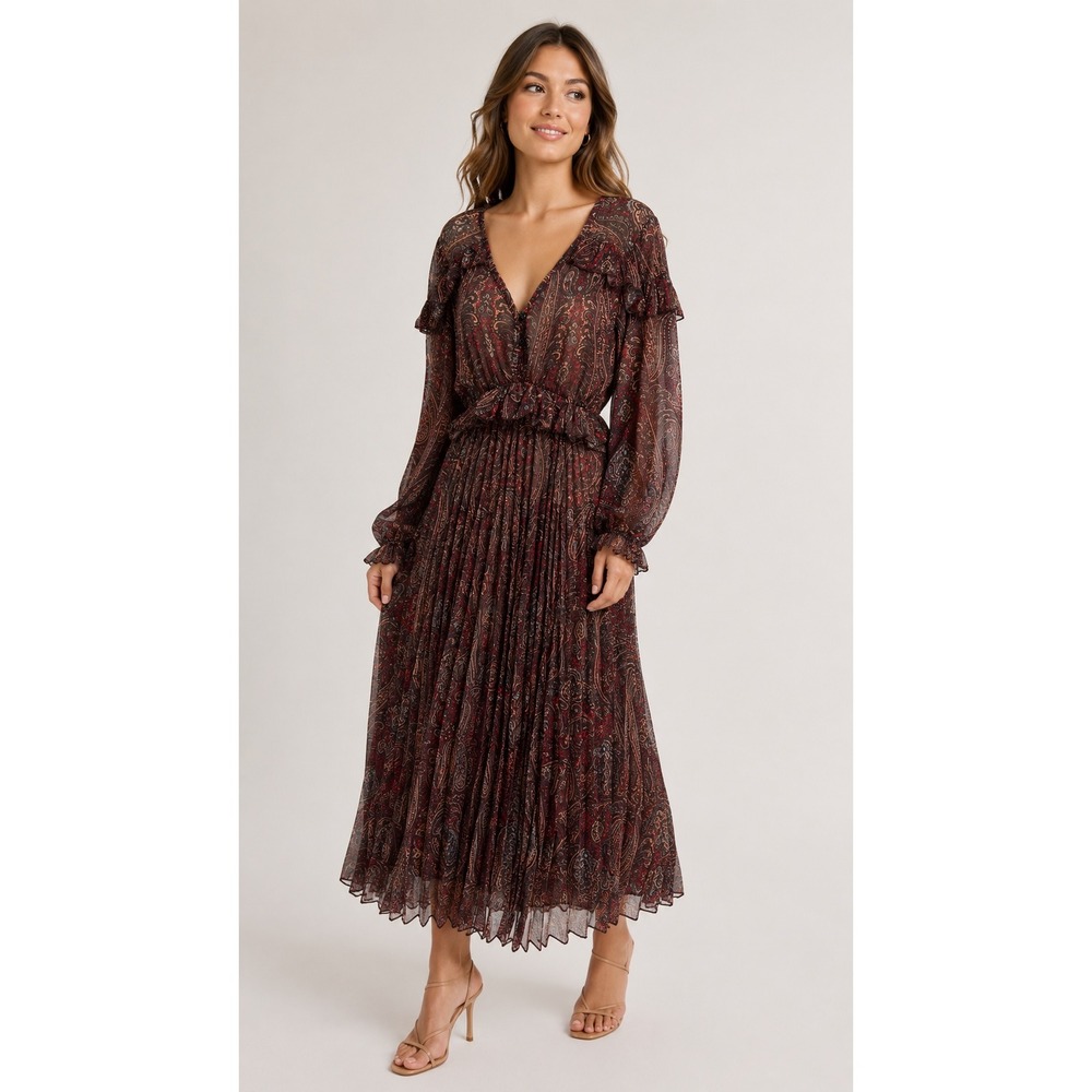 Kontatto Italy Maxi Dress Womens Small Brown Paisley Pleated Sheer Dark Romantic
